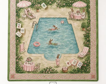 THE POOL CLUB Preppy Bunny Mahjong Mat — Whimsical Game Night Table Mat, American Mahjong Gift, Mahjong Accessories, Green Pink Soccer Mat