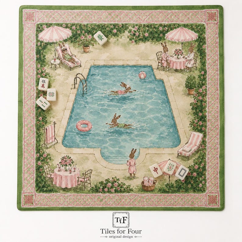May include: A square textile mat featuring a watercolor illustration of rabbits at a swimming pool, surrounded by a pink and green lattice border. Scattered mahjong tiles are visible, and the bottom center displays the text Tiles for Four.
