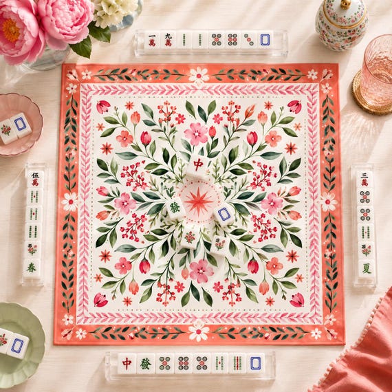 THE COMPASS GARDEN Symmetrical Botanical Mahjong Mat, Coral Pink Starburst Medallion Table Mat, American Mahjong Gift, Mahjong Accessories