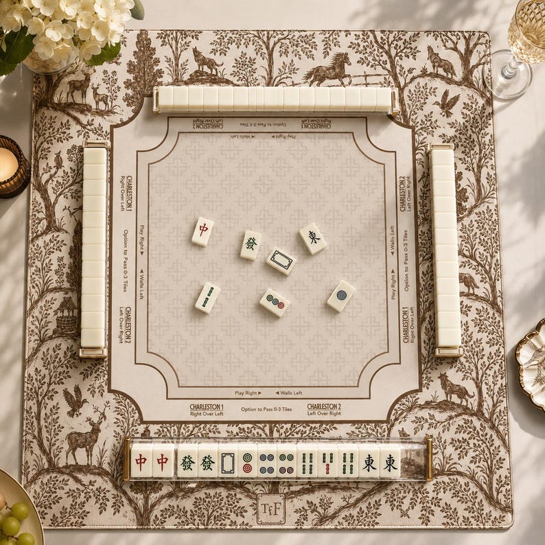 May include: A square mahjong mat featuring a brown and cream toile-style forest pattern with animals. The center play area includes printed Charleston instructions and scattered tiles. Four tile racks are positioned around the perimeter.