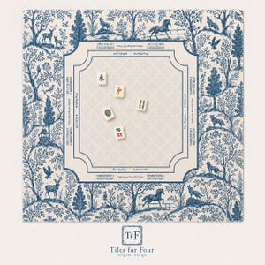 May include: A square Mahjong mat featuring a blue and cream toile de jouy pattern with forest animals and trees. The center area includes game instructions and directional text, with five Mahjong tiles scattered across the surface.