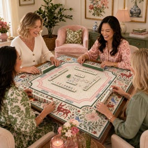 May include: A group of four people playing mahjong around a wooden table. The table has a floral design with deer and birds. The mahjong tiles are white and green. The room has floral artwork and pink furniture.