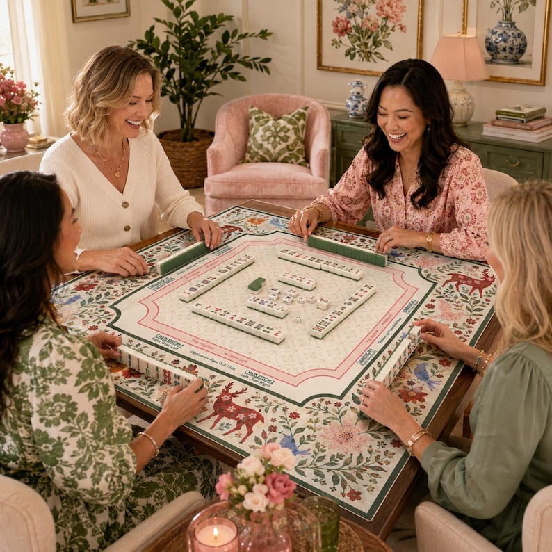 May include: A group of four people playing mahjong around a wooden table. The table has a floral design with deer and birds. The mahjong tiles are white and green. The room has floral artwork and pink furniture.
