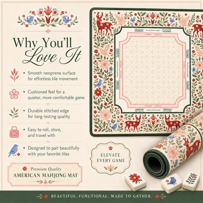 May include: An American Mahjong mat with a floral and deer design. The mat is cream-colored with a green border and features the text "Why You'll Love It" and "Elevate Every Game". Includes three Mahjong tiles.