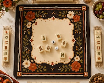May include: A square mahjong game board with a cream center and a black border featuring orange and white floral patterns. The set includes cream-colored tiles with floral and numeric designs, two white dice, and four clear acrylic tile racks.