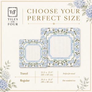 May include: Two square fabric tiles with blue hydrangea floral borders and light blue frames. The travel size measures 23.5 x 23.5 inches, and the regular size measures 31.5 x 31.5 inches. The text reads Tiles For Four and Choose Your Perfect Size.