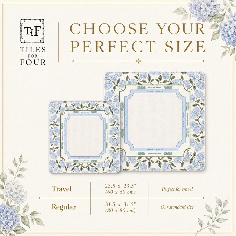 May include: Two square fabric tiles with blue hydrangea floral borders and light blue frames. The travel size measures 23.5 x 23.5 inches, and the regular size measures 31.5 x 31.5 inches. The text reads Tiles For Four and Choose Your Perfect Size.
