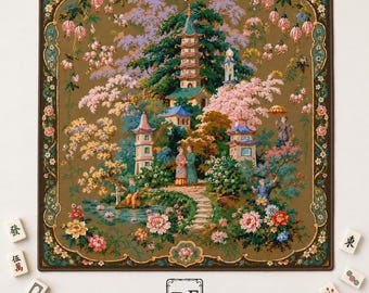 THE PAGODA GARDEN Chinoiserie mahjongmat — Franse rococo-tafelmat, Amerikaans mahjongcadeau, mahjongaccessoires, gouden antieke bloemenmat
