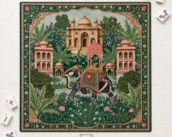 THE OLIFANT PALACE Mughal Art Mahjong-mat — Chinoiserie Palace-tafelmat, Amerikaans mahjongcadeau, mahjongaccessoires, groen-gouden bloemenmat