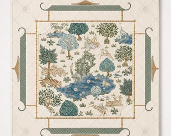 THE JADE GARDEN Chinoiserie mahjongmat: preppy bloementafelmat, Amerikaans mahjongcadeau, mahjongaccessoires, ivoorgroenblauwe mat
