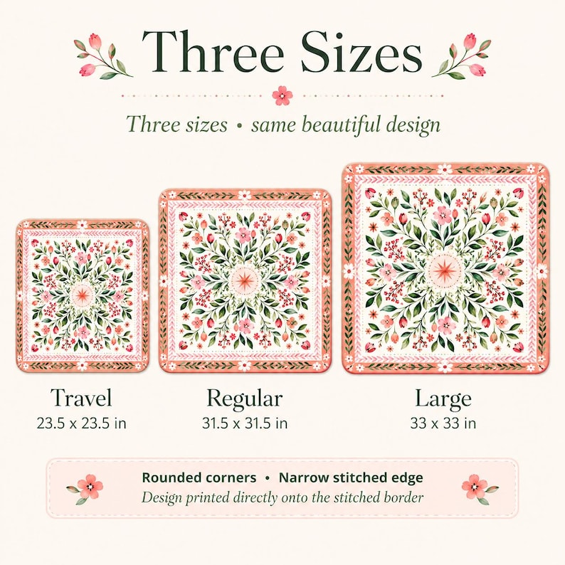 May include: Three square mats with a floral pattern featuring pink flowers and green leaves. The text reads Three Sizes, Travel 23.5 x 23.5 in, Regular 31.5 x 31.5 in, and Large 33 x 33 in. Features include rounded corners and a narrow stitched edge.