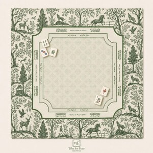 May include: A square game mat featuring a green and cream toile-style forest pattern with animals and trees. The center includes printed instructions for Charleston gameplay, with four mahjong tiles placed on the surface. The text reads Tiles for Four.