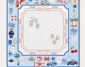 THE NEWPORT COLLECTION Preppy Coastal Mahjong Mat — Old Money Game Night Tile Table Mat, Mahjong-cadeau, Mahjong-accessoires, blauwe zomermat