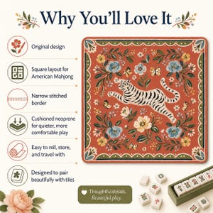 May include: A square Mahjong mat with a rust-orange background featuring a central white tiger, floral motifs, and butterflies. The mat has a stitched border and is displayed with Mahjong tiles and text detailing features like original design, square layout, and neoprene material.