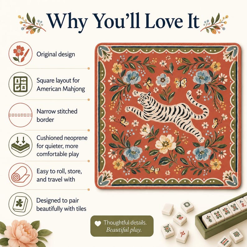May include: A square Mahjong mat with a rust-orange background featuring a central white tiger, floral motifs, and butterflies. The mat has a stitched border and is displayed with Mahjong tiles and text detailing features like original design, square layout, and neoprene material.