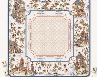 May include: A square mahjong mat with a blue border and a central beige grid pattern. The border features a detailed landscape illustration with pagodas, trees, and birds. Text on the mat includes Charleston 1, Charleston 2, and Play Right.