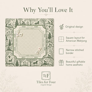 May include: A square Mahjong mat with a green and cream forest-themed border featuring animals and trees. The centre has a cream-coloured playing area with printed game instructions. Four Mahjong tiles are placed on the mat surface.