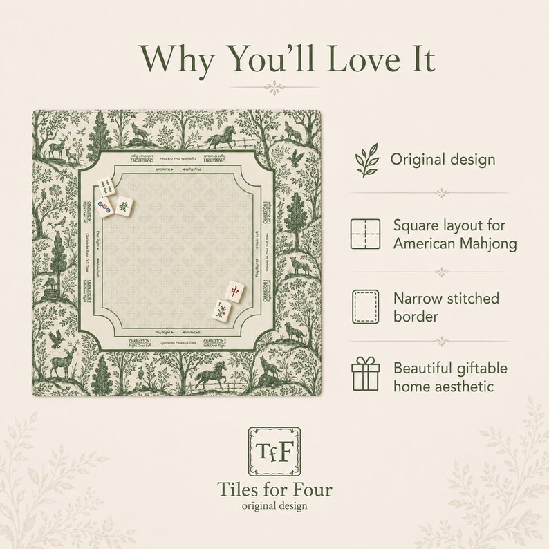 May include: A square Mahjong mat with a green and cream forest-themed border featuring animals and trees. The centre has a cream-coloured playing area with printed game instructions. Four Mahjong tiles are placed on the mat surface.
