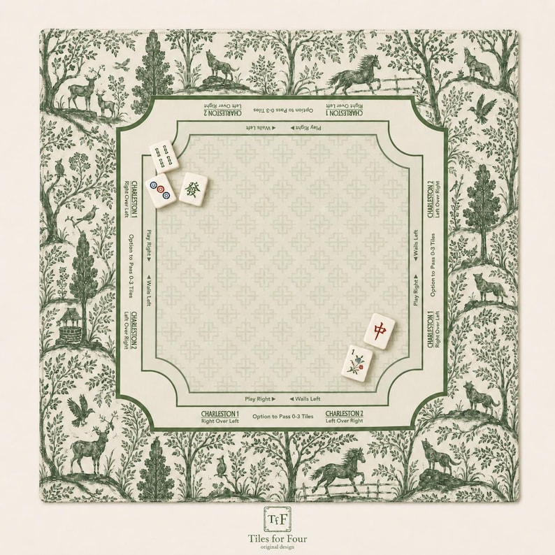 May include: A square game mat featuring a green and cream toile-style forest pattern with animals and trees. The centre includes printed instructions for Charleston gameplay, with four mahjong tiles placed on the surface. The text reads Tiles for Four.