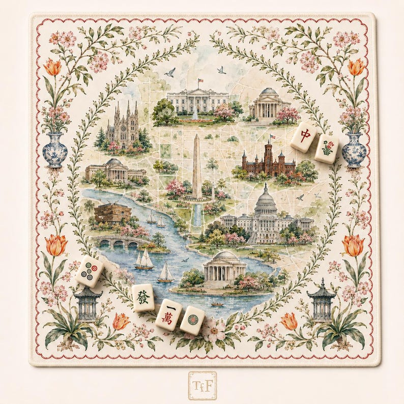 May include: A square mat featuring a watercolor illustration of Washington D.C. landmarks, including the White House and Capitol, framed by floral vines and blue vases. Five mahjong tiles with Chinese characters and symbols are placed on the surface.