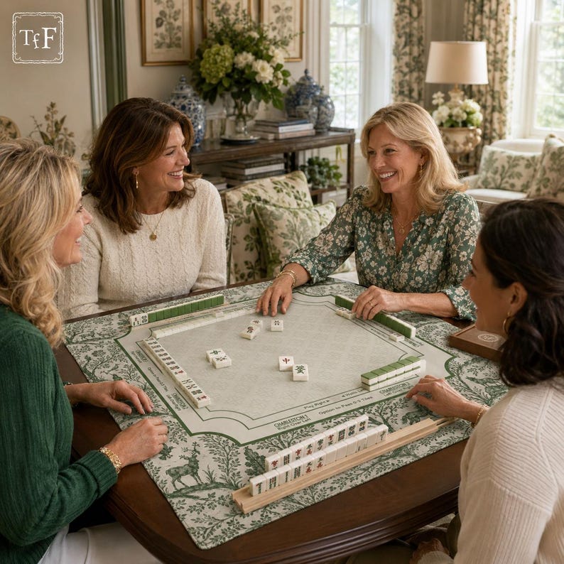 May include: A Mahjong game set featuring a square playing mat with a green and white botanical print, ivory-coloured tiles with black and red characters, and wooden tile racks arranged on a dark wooden table for a group game session.