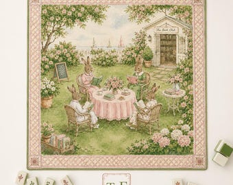 THE BOOK CLUB Preppy Mahjong-mat — Grillige tafelmat voor gameavond, Amerikaans mahjongcadeau, mahjongaccessoires, roze groen Book Lover-mat