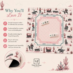 May include: A pink and white mahjong game mat with a desert theme, featuring cowboys, cacti, and covered wagons. The mat has a central playing area with dice and the text "Tiles for Four". The mat is designed for effortless tile movement.