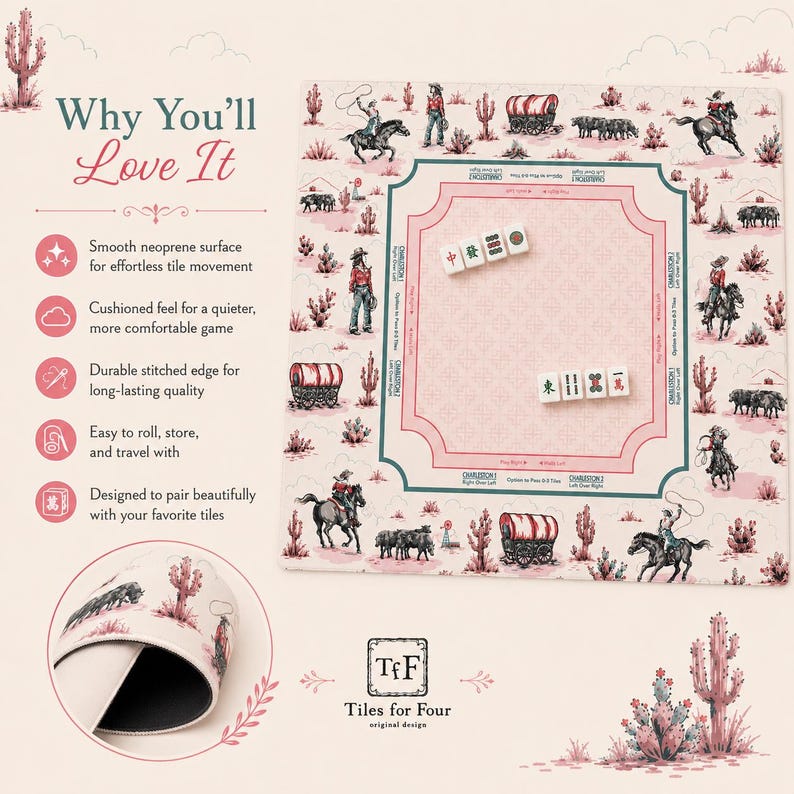 May include: A pink and white mahjong game mat with a desert theme, featuring cowboys, cacti, and covered wagons. The mat has a central playing area with dice and the text "Tiles for Four". The mat is designed for effortless tile movement.