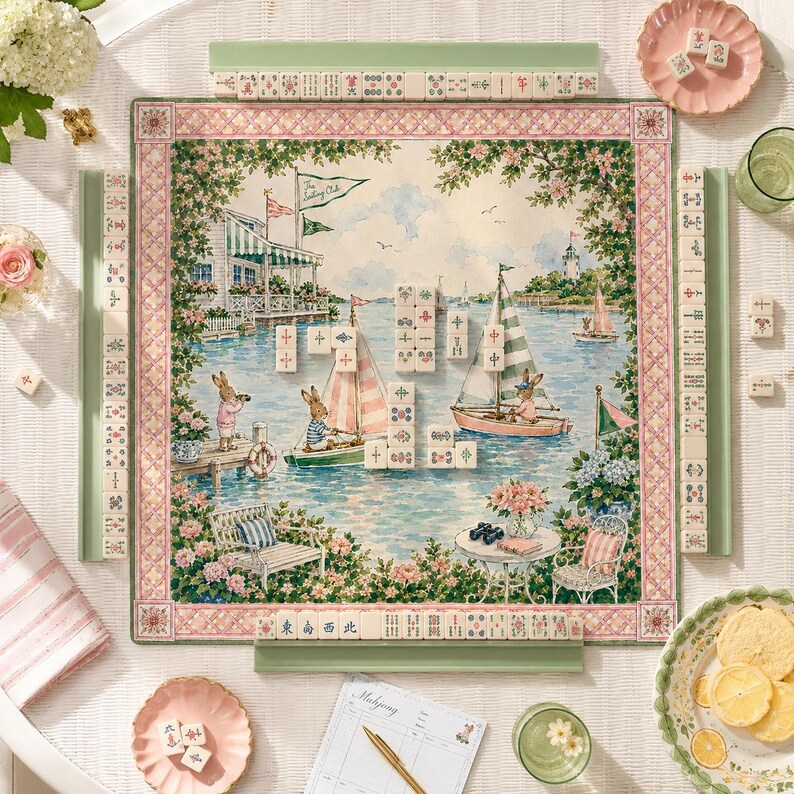 May include: A square mahjong mat featuring a nautical scene with rabbits sailing boats, a dock, and a clubhouse. The mat is bordered by a pink and white lattice pattern. Four green tile racks hold ivory mahjong tiles with various symbols.