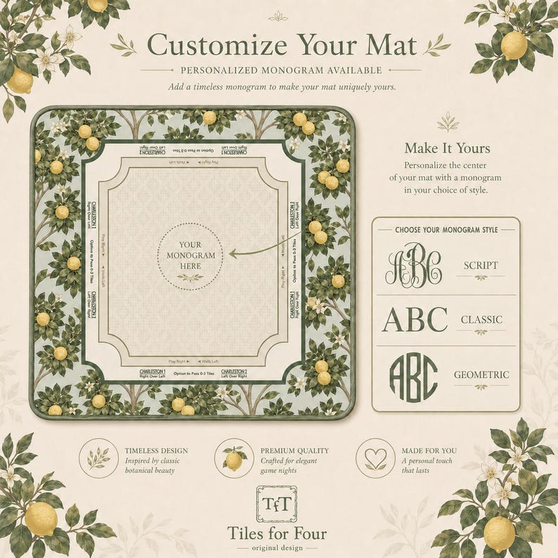 May include: A customizable mat with a botanical lemon tree design. The mat features a central area for a monogram, with options for script, classic, or geometric styles. Text reads "Customize Your Mat" and "Tiles for Four."