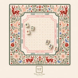 May include: A decorative Mahjong game board with a floral border featuring deer, birds, and flowers. The board has a central playing area with several Mahjong tiles. The text "Tiles for Four" is at the bottom.