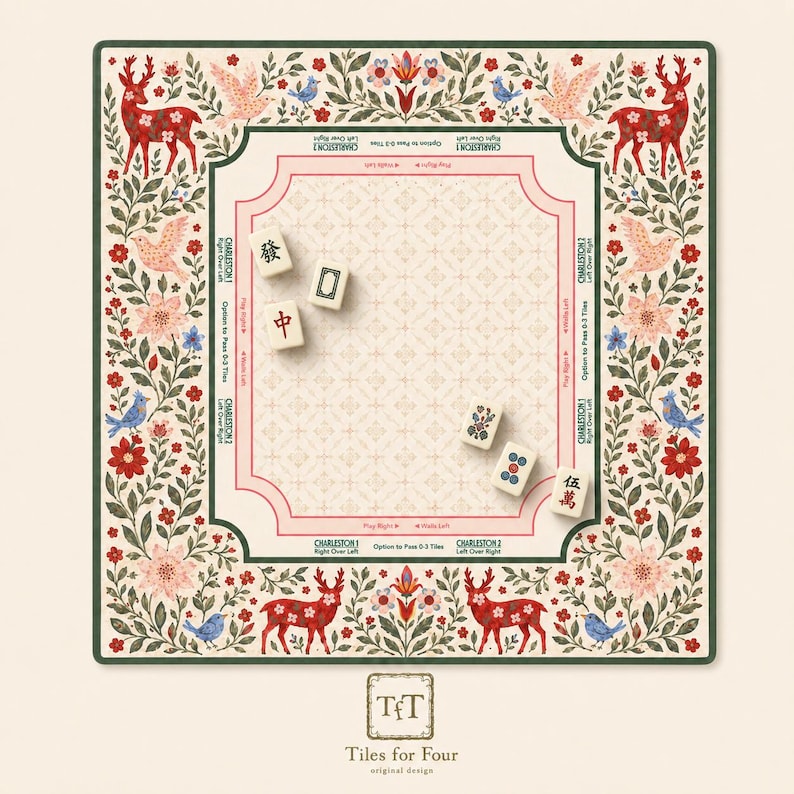 May include: A decorative Mahjong game board with a floral border featuring deer, birds, and flowers. The board has a central playing area with several Mahjong tiles. The text "Tiles for Four" is at the bottom.