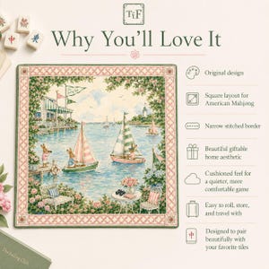 May include: A square mahjong mat featuring a nautical scene with rabbits sailing boats on water, surrounded by a pink and green lattice border. The text reads Why You'll Love It, Original design, Square layout for American Mahjong, Narrow stitched border, Beautiful giftable home aesthetic, Cushioned feel for a quieter, more comfortable game, Easy to roll, store, and travel with, Designed to pair beautifully with your favorite tiles.