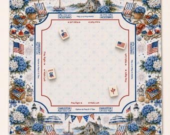THE NANTUCKET SUMMER Preppy Coastal Mahjong Mat — 4 juli Game Night-tafelmat, mahjongcadeau, mahjongaccessoires, rood wit blauwe mat