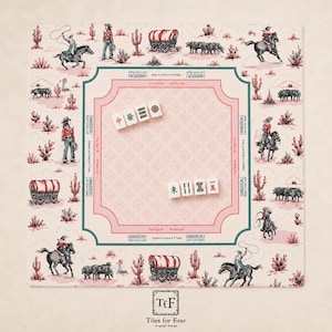 May include: A square game board with a pink and white cowboy-themed design. The board features illustrations of cowboys, horses, covered wagons, and cacti. Several white game tiles are placed on the board. The text "Tiles for Four" is at the bottom.