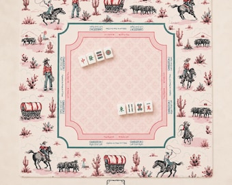 THE COWGIRL TOILE western mahjongmat — Preppy roze tafelmat game Night, Amerikaans mahjongcadeau, mahjongaccessoires, ivoorroze mat
