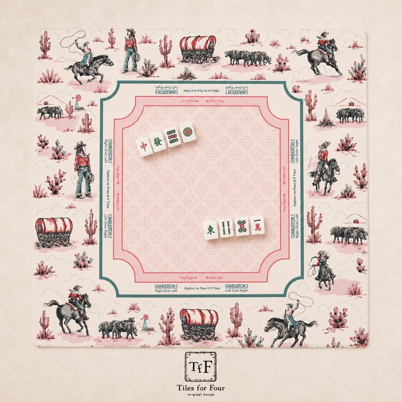 May include: A square game board with a pink and white cowboy-themed design. The board features illustrations of cowboys, horses, covered wagons, and cacti. Several white game tiles are placed on the board. The text "Tiles for Four" is at the bottom.