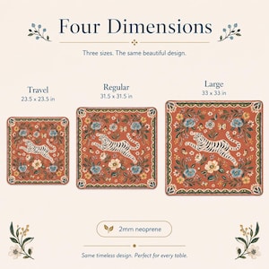 May include: A square mat featuring a tiger, flowers, and butterflies on a rust-colored background. Three sizes are shown: Travel at 23.5 x 23.5 inches, Regular at 31.5 x 31.5 inches, and Large at 33 x 33 inches. The material is 2mm neoprene.