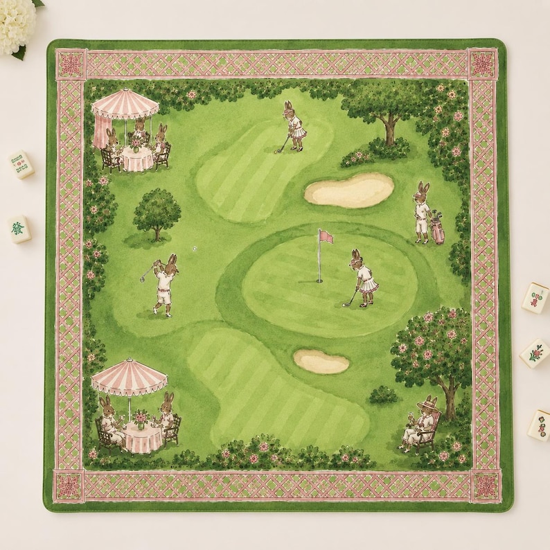 May include: A square fabric mat featuring a green golf course illustration with anthropomorphic rabbits playing golf, lounging under striped umbrellas, and sitting by trees. The mat has a decorative pink and green lattice border pattern.