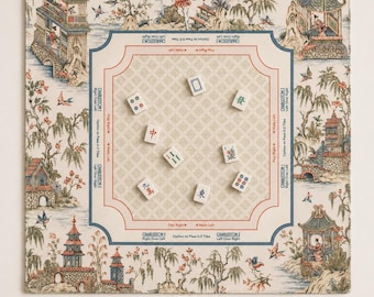 THE WILLOW COURT Chinoiseries Mahjong Mat — Tapis de jeu de jardin en toile, accessoires de mahjong américain, cadeau de mahjong, tapis de table bleu ivoire rouge
