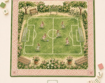 THE SOCCER CLUB Preppy Bunny Mahjong Mat — Whimsical Game Night Table Mat, American Mahjong Gift, Mahjong Accessories, Green Pink Soccer Mat