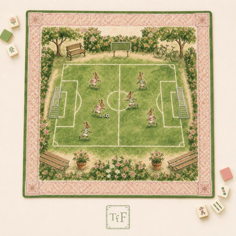 May include: A square fabric mat featuring a printed illustration of rabbits playing soccer on a green field. The scene includes benches, trees, and a bicycle, all framed by a pink and green border. The text TfF is printed at the bottom center.