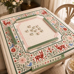 May include: A decorative Mahjong game set on a cream-colored table. The table features a floral and deer pattern border with green accents. The set includes green tile racks and white tiles with black symbols.