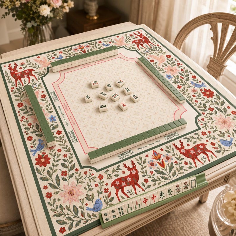 May include: A decorative Mahjong game set on a cream-colored table. The table features a floral and deer pattern border with green accents. The set includes green tile racks and white tiles with black symbols.