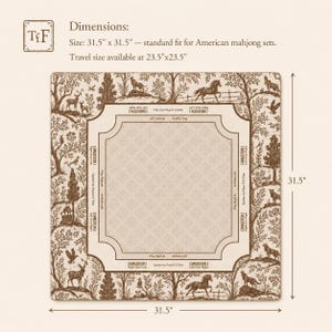 May include: A square mahjong mat measuring 31.5 inches by 31.5 inches. The border features a brown and cream woodland scene with animals and trees. The center has a cream grid pattern with text indicating Charleston and wall directions.