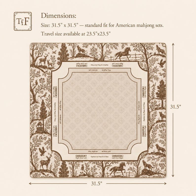 May include: A square mahjong mat measuring 31.5 inches by 31.5 inches. The border features a brown and cream woodland scene with animals and trees. The center has a cream grid pattern with text indicating Charleston and wall directions.