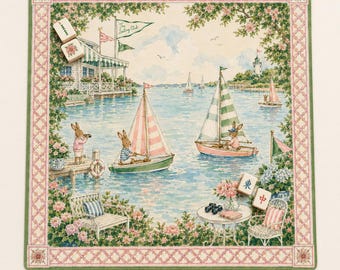 THE SAILING CLUB Preppy Mahjong-mat — Grillige tafelmat voor game-avond, Amerikaans mahjongcadeau, mahjongaccessoires, kustroze-groene mat