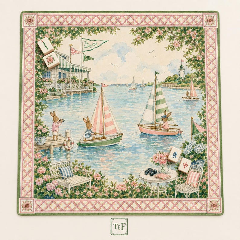May include: A square decorative fabric mat featuring a watercolor illustration of rabbits sailing on a lake near a clubhouse. The border has a pink lattice pattern with green edges. Two mahjong tiles are placed on the mat, one with red text.