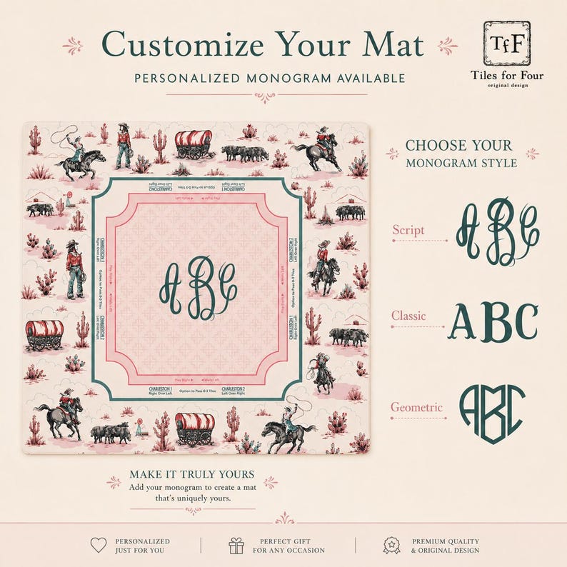 May include: A customizable mat with a pink and white cowboy-themed design. The mat features a central monogram area, surrounded by illustrations of cowboys, horses, and wagons. The text "Customize Your Mat" and monogram style options are also displayed.