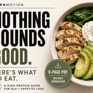 May include: A 9-page PDF guide titled MDRNMOTION NOTHING SOUNDS GOOD. HERE'S WHAT TO EAT. A HIGH-PROTEIN GUIDE FOR GLP-1 APPETITE LOSS. The image features a bowl of sliced chicken breast, fresh spinach, avocado slices, and a dollop of white cream.